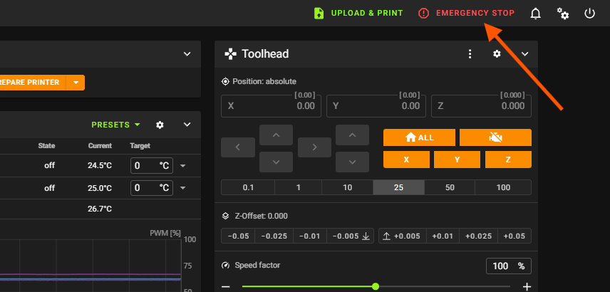 Mainsail Dashboard 頂端導覽列，EMERGENCY STOP 按鈕以橙色框標示於右上角